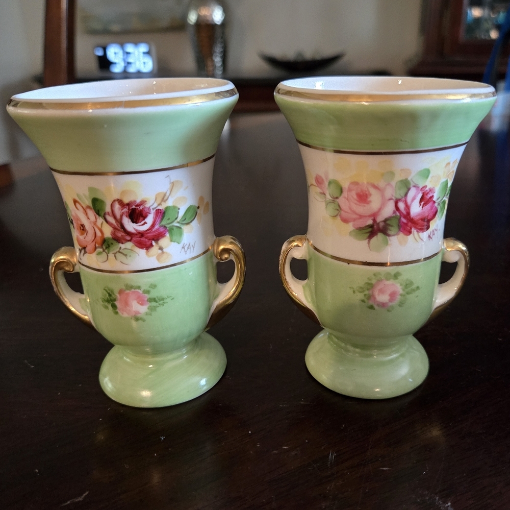 2 Vintage Floral Green and Gold Accent Vases